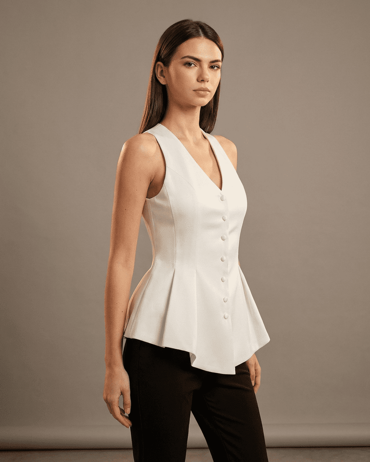 Celeste Blouse by RAMBLION, tailored sleeveless satin top with V-neck design, perfect for polished daytime and evening looks.