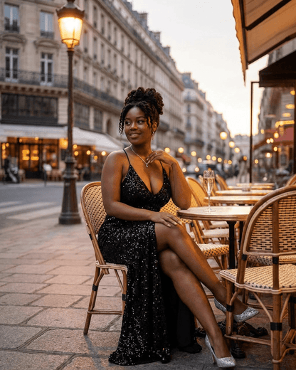 Celeste Maxi Dress by RAMBLION, elegant velvet sequin party dress showcased in a stylish outdoor Parisian setting.