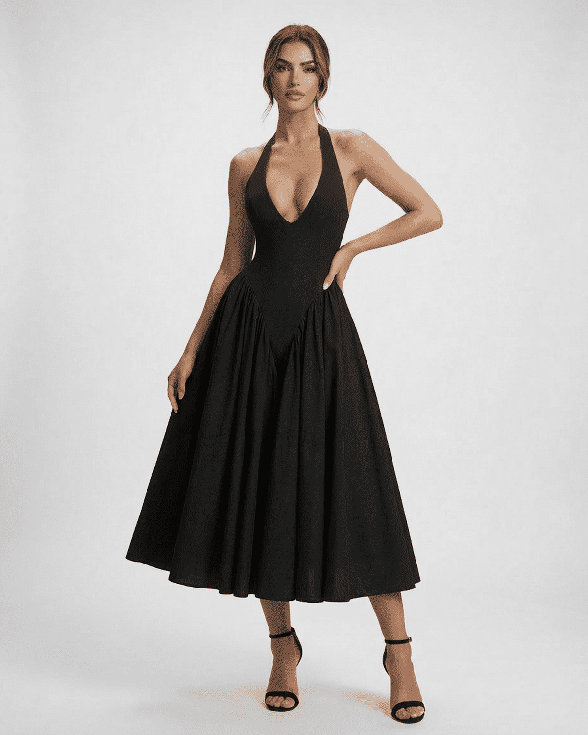 Celeste Midi Dress by RAMBLION featuring halter neck design and A-line silhouette for elegant evening wear.