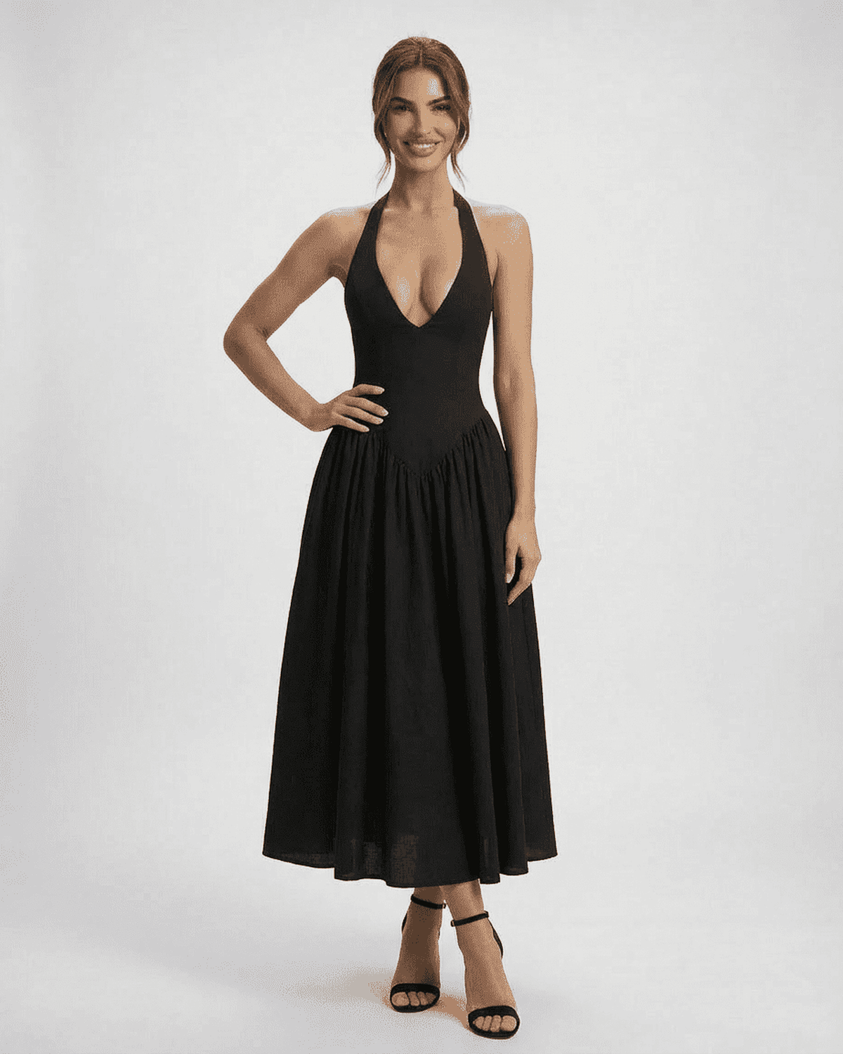 Celeste Midi Dress by RAMBLION featuring a halter neck and flowing A-line silhouette, perfect for evenings out.