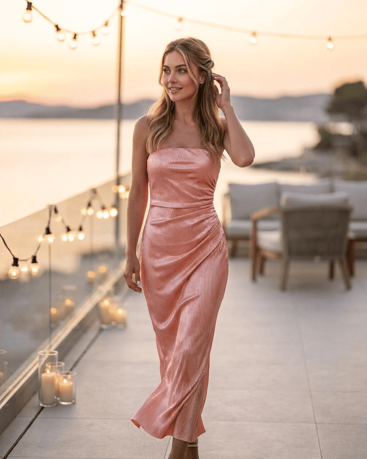 Champagne Maxi Dress by RAMBLION, showcasing a strapless silhouette with a subtle ruched texture in soft satin-like fabric.
