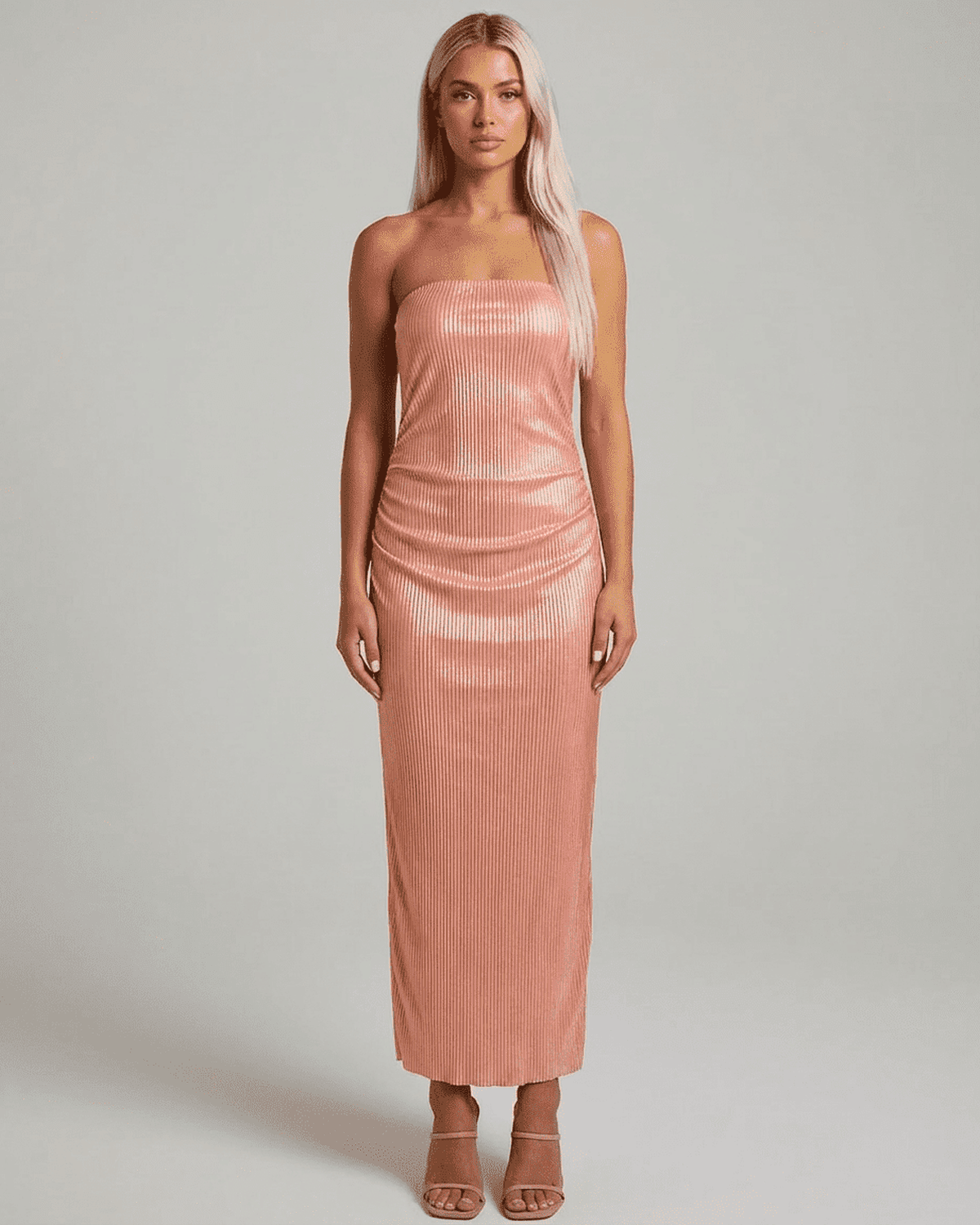 Champagne Maxi Dress by RAMBLION featuring strapless tube silhouette and subtle ruched texture.
