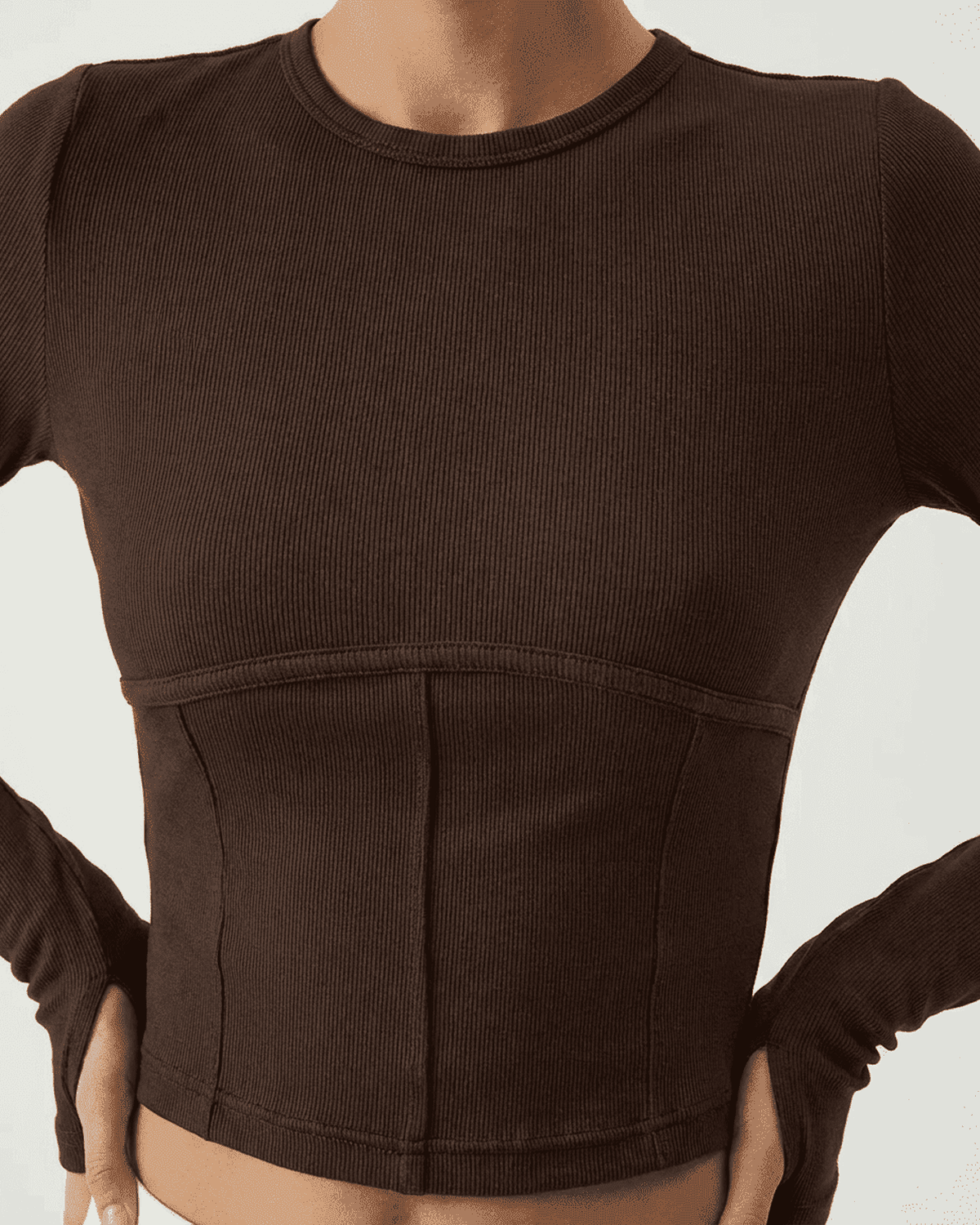 Cocoa Corset Top by RAMBLION, long sleeve jersey corset crop top showcasing a stylish, structured design.