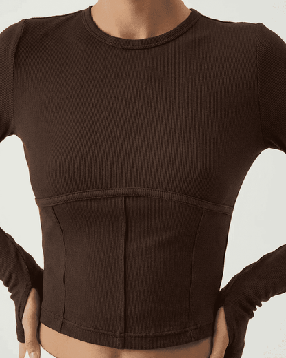 Cocoa Corset Top by RAMBLION, long sleeve jersey corset crop top showcasing a stylish, structured design.