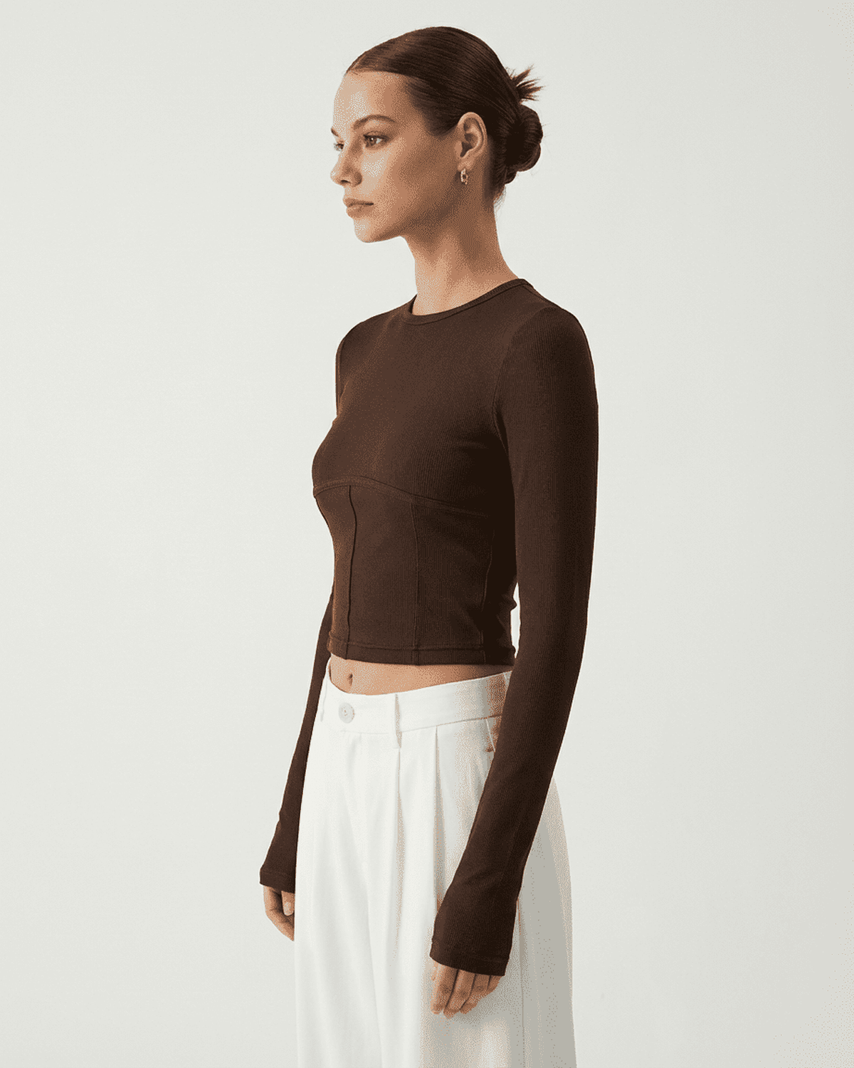 Cocoa Corset Top by RAMBLION - Long sleeve jersey corset crop in rich cocoa color, perfect for refined styling.