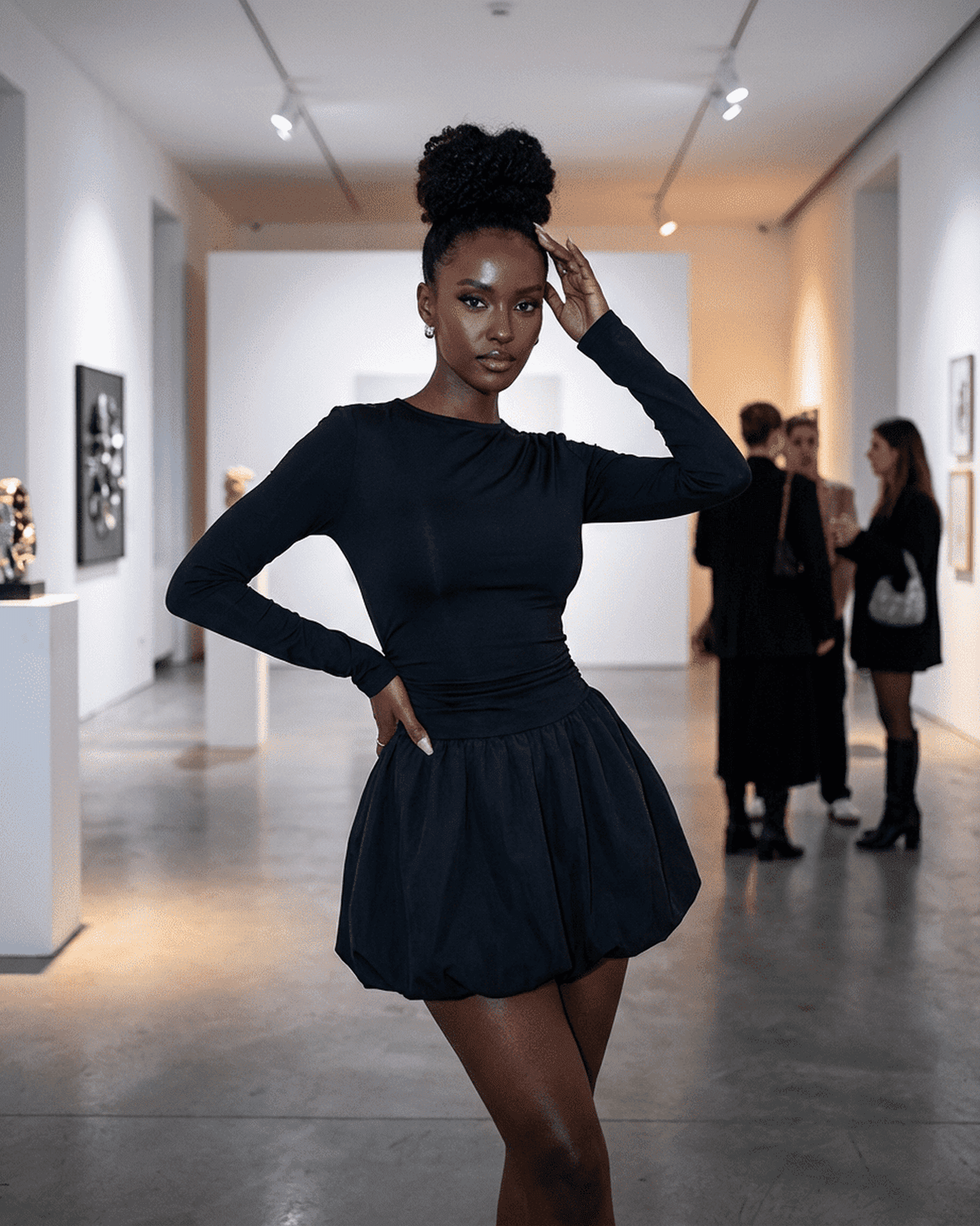 Elara Mini Dress by RAMBLION showcased in a fashion event, featuring a fitted stretchy silhouette and elegant tiered skirt.