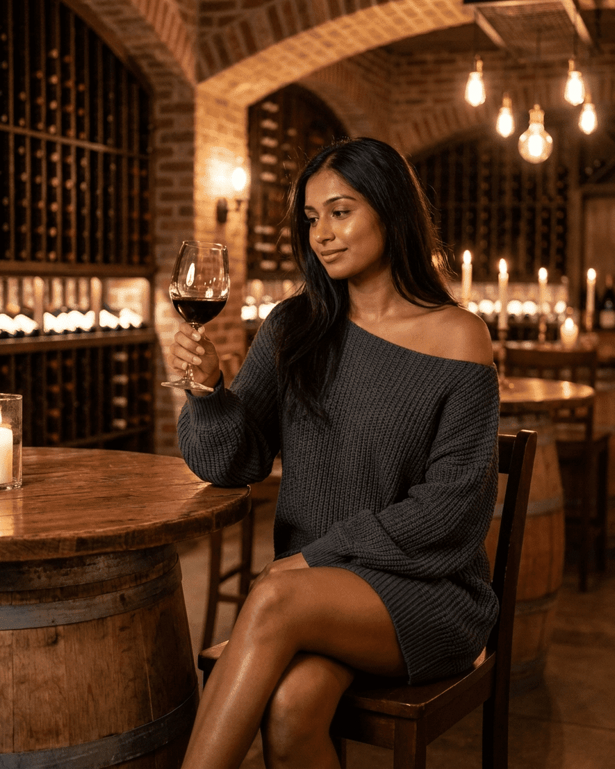 Ember Mini Dress by RAMBLION, featuring a model enjoying wine in a cozy, upscale wine bar setting.