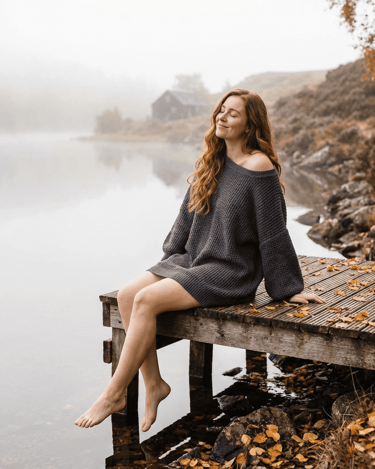 RAMBLION Ember Mini Dress model sitting by a lake, showcasing the cozy charcoal ribbed knit fabric and off-the-shoulder design.