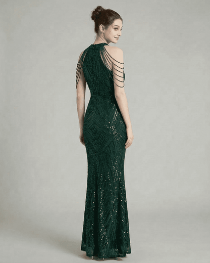Emerald Maxi Dress by RAMBLION showcasing a stunning back view with elegant beaded shoulder drapes and sequin detailing.