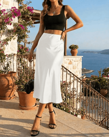 Luna Midi Skirt by RAMBLION, elegant satin mermaid skirt in timeless white, perfect for modern sophistication.