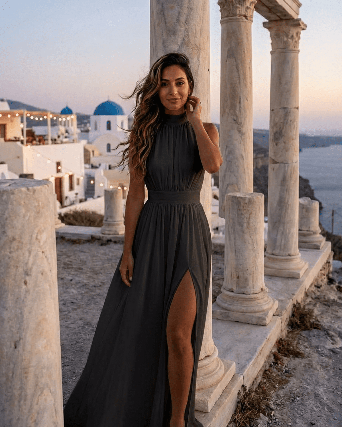 Noctis Maxi Dress by RAMBLION, sleeveless turtleneck dress with high waist and side slit against scenic background.