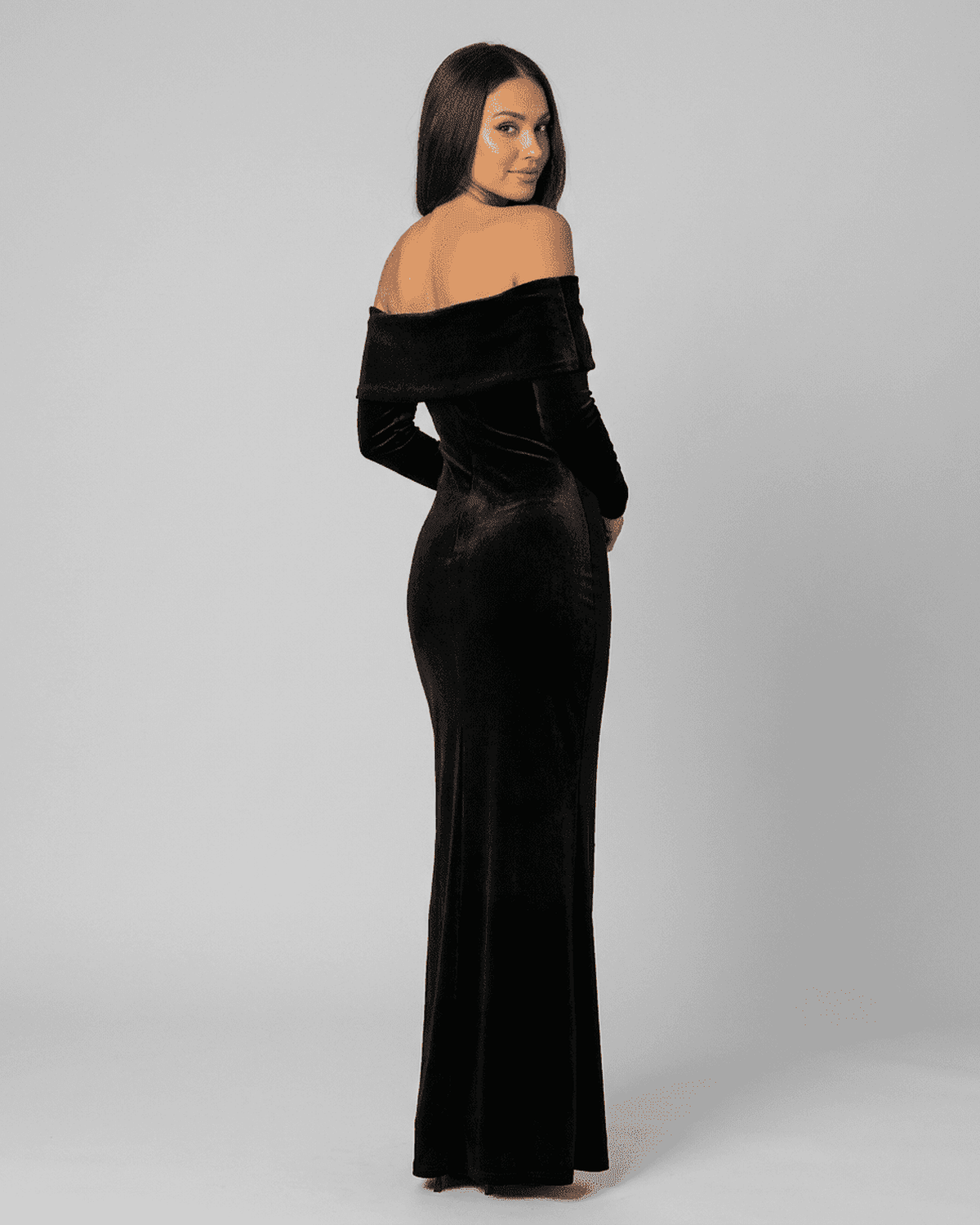 Noctura Maxi Dress by RAMBLION, off-shoulder bodycon dress showcasing a sleek silhouette and elegant long sleeves.
