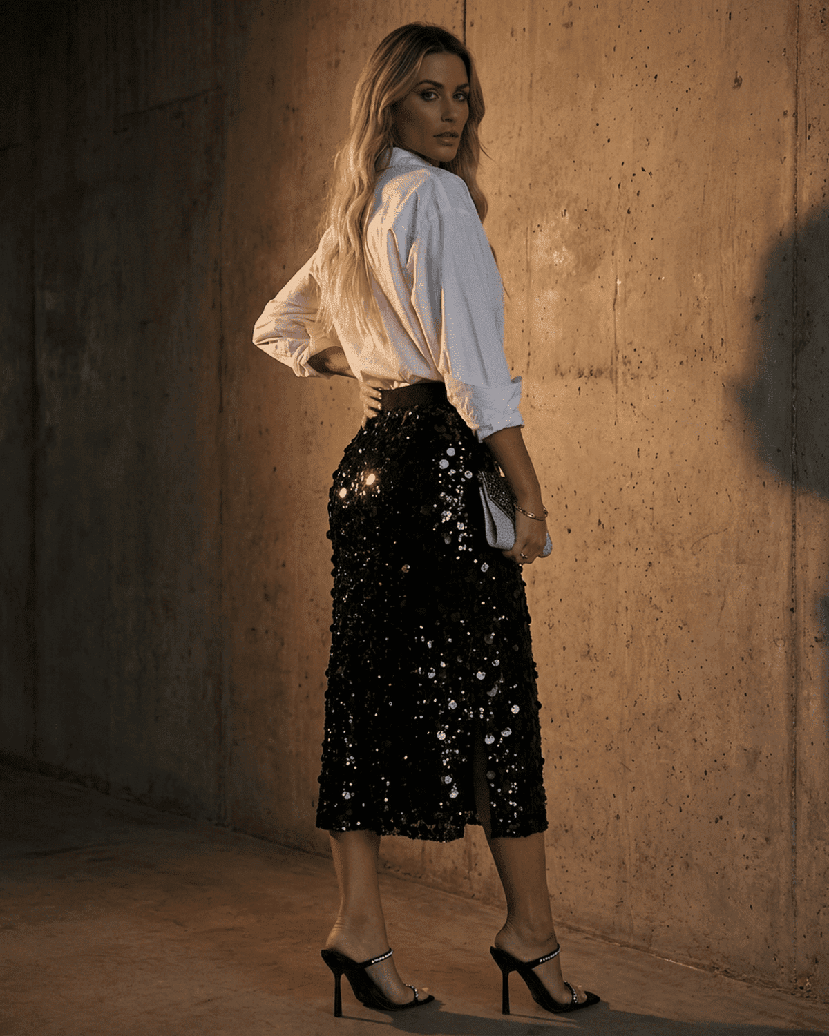 Model wearing Noctura Midi Skirt by RAMBLION, showcasing a high waist bodycon design with sequins.