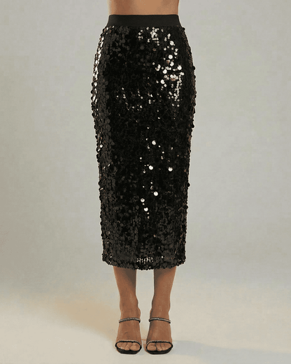 Noctura Midi Skirt by RAMBLION - black sequin high waist bodycon midi skirt showcased.