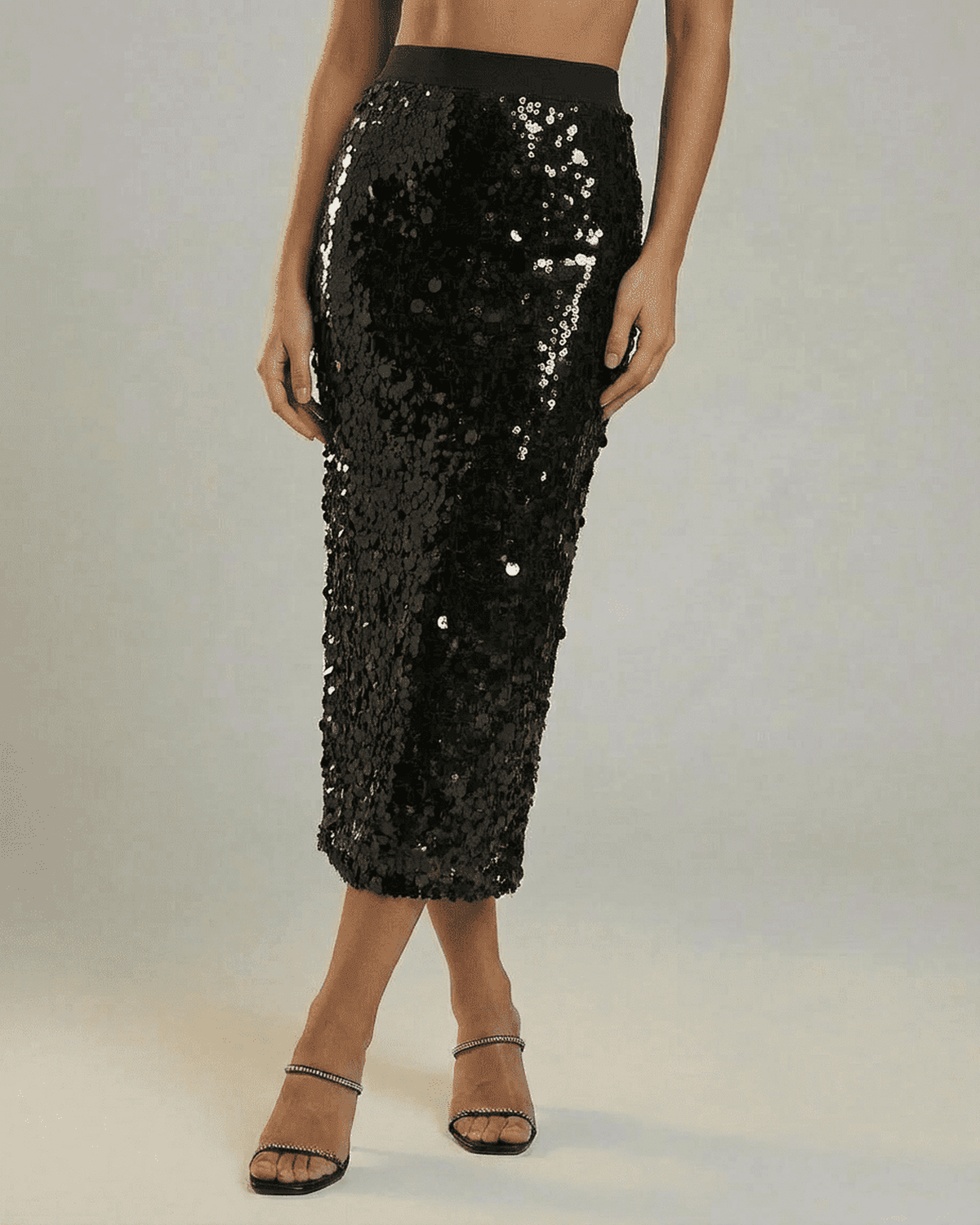Noctura Midi Skirt by RAMBLION – Sequin high waist bodycon midi skirt in black, perfect for evening styling.