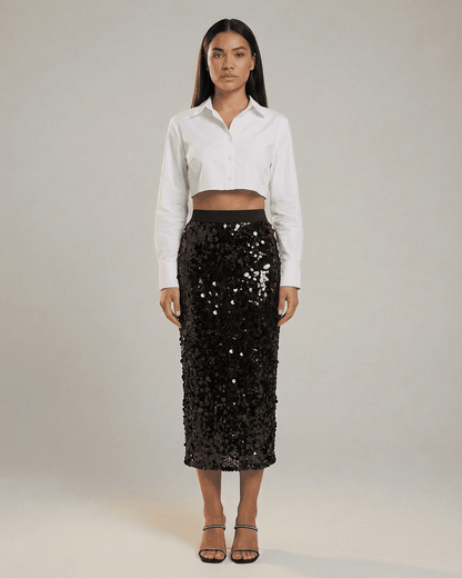 Noctura Midi Skirt by RAMBLION – Sequin high waist bodycon midi skirt styled for an elegant evening look.