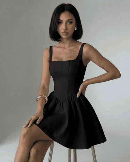 Nocturne Mini Dress by RAMBLION, black structured corset mini dress with square neckline and tailored silhouette.