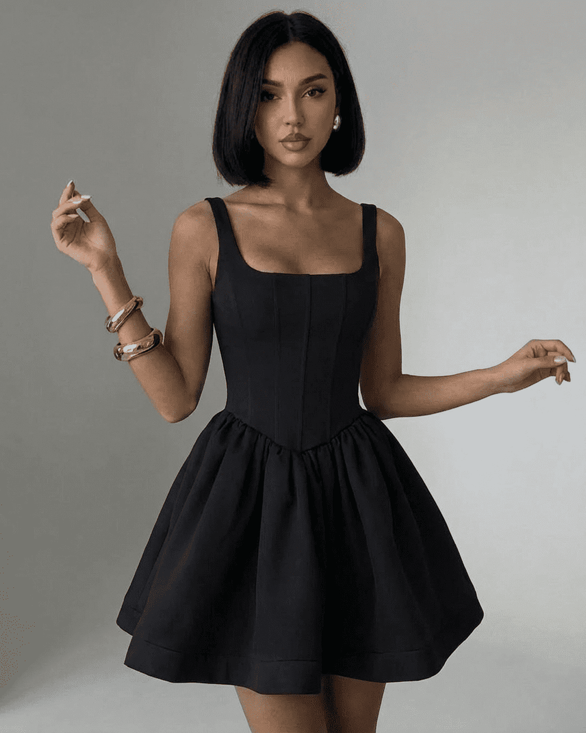 Nocturne Mini Dress by RAMBLION, black structured corset mini with square neckline and flared skirt.