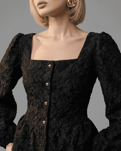 Noir Corset Top by RAMBLION featuring jacquard square neck and puff sleeves in black.
