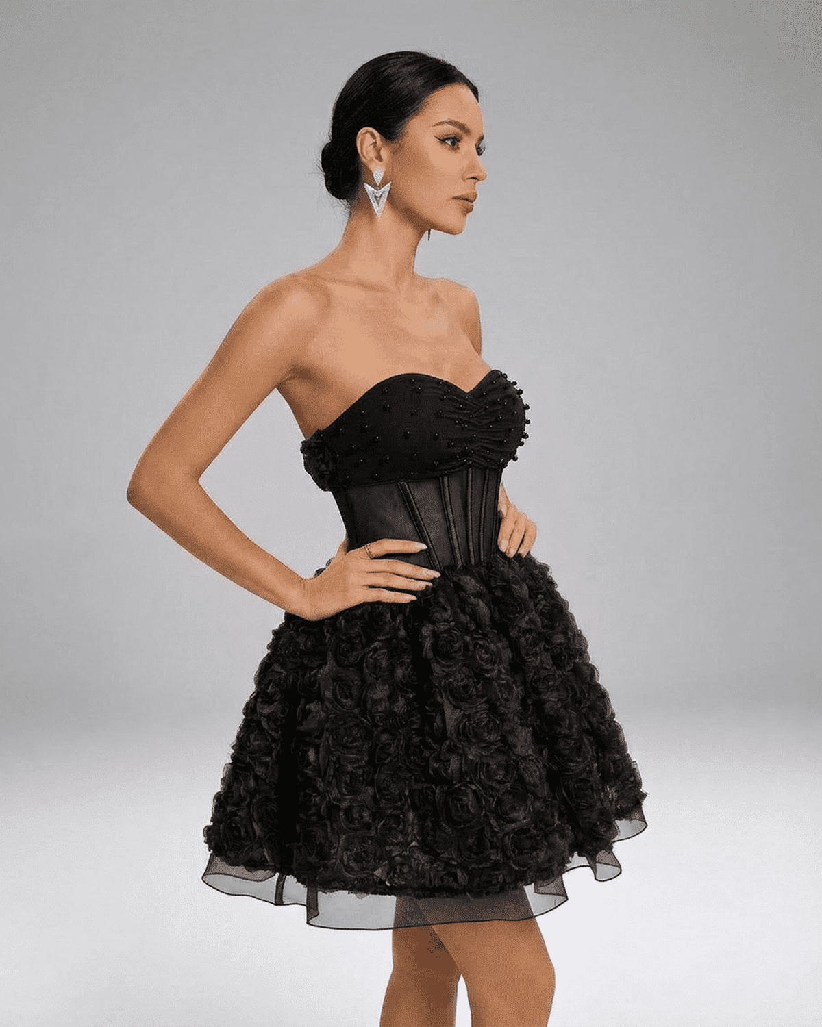 Noir Mini Dress by RAMBLION, a stunning bead-embellished strapless mini with floral texture and corset-style silhouette.