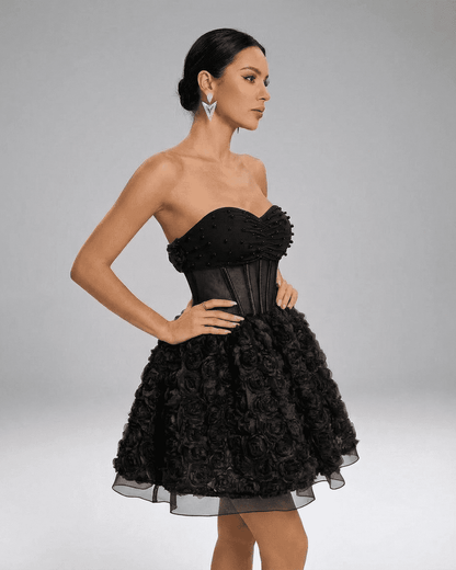 Noir Mini Dress by RAMBLION, a stunning bead-embellished strapless mini with floral texture and corset-style silhouette.