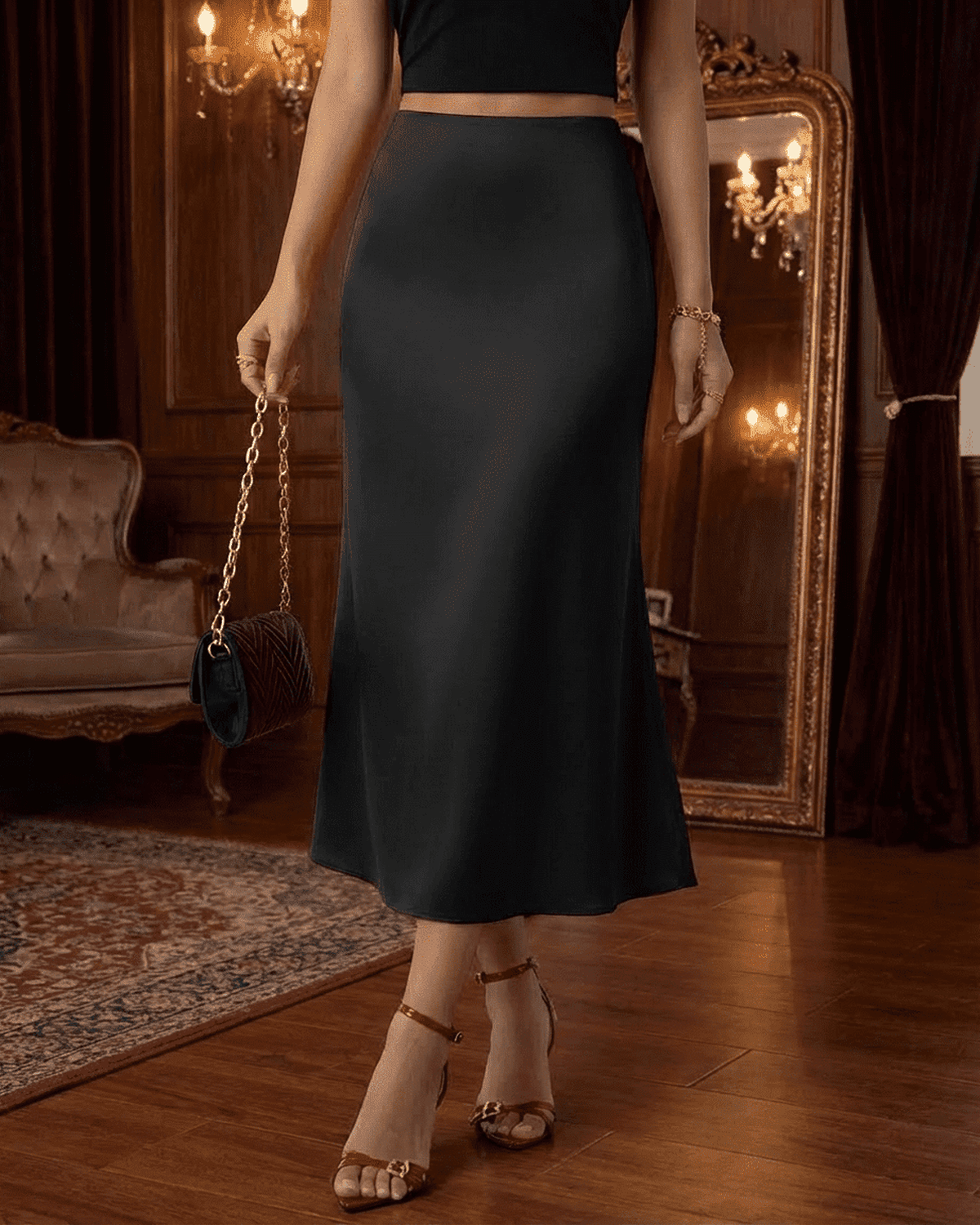 Noirelle Midi Skirt by RAMBLION, satin mermaid midi skirt in classic black, featuring a flattering silhouette.