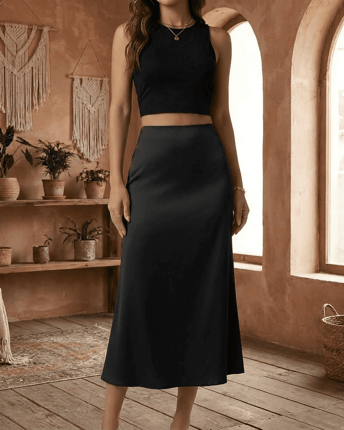 Noirelle Midi Skirt by RAMBLION - Sleek satin mermaid midi skirt in black, perfect for timeless elegance.