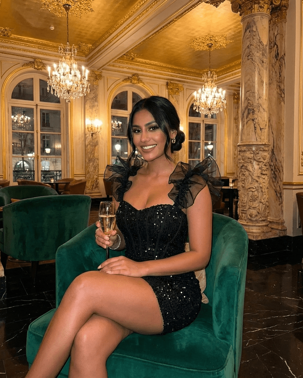 Obsidian Mini Dress by RAMBLION, black sequin off-the-shoulder bodycon dress with ruffle sleeves.