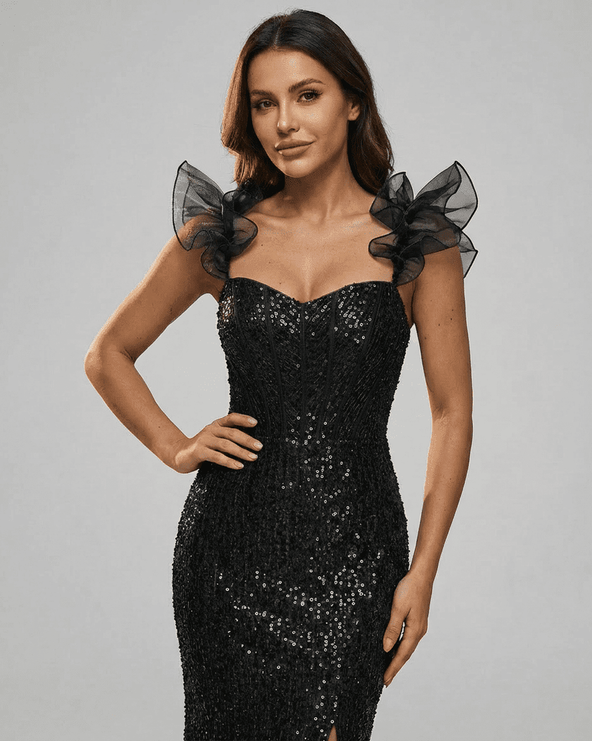 Obsidian Mini Dress by RAMBLION - Black Sequin Off-The-Shoulder Bodycon with Ruffle Sleeves