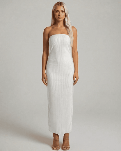 RAMBLION Pearl Maxi Dress featuring a strapless tube silhouette and subtle ruched texture for a modern, elegant look.