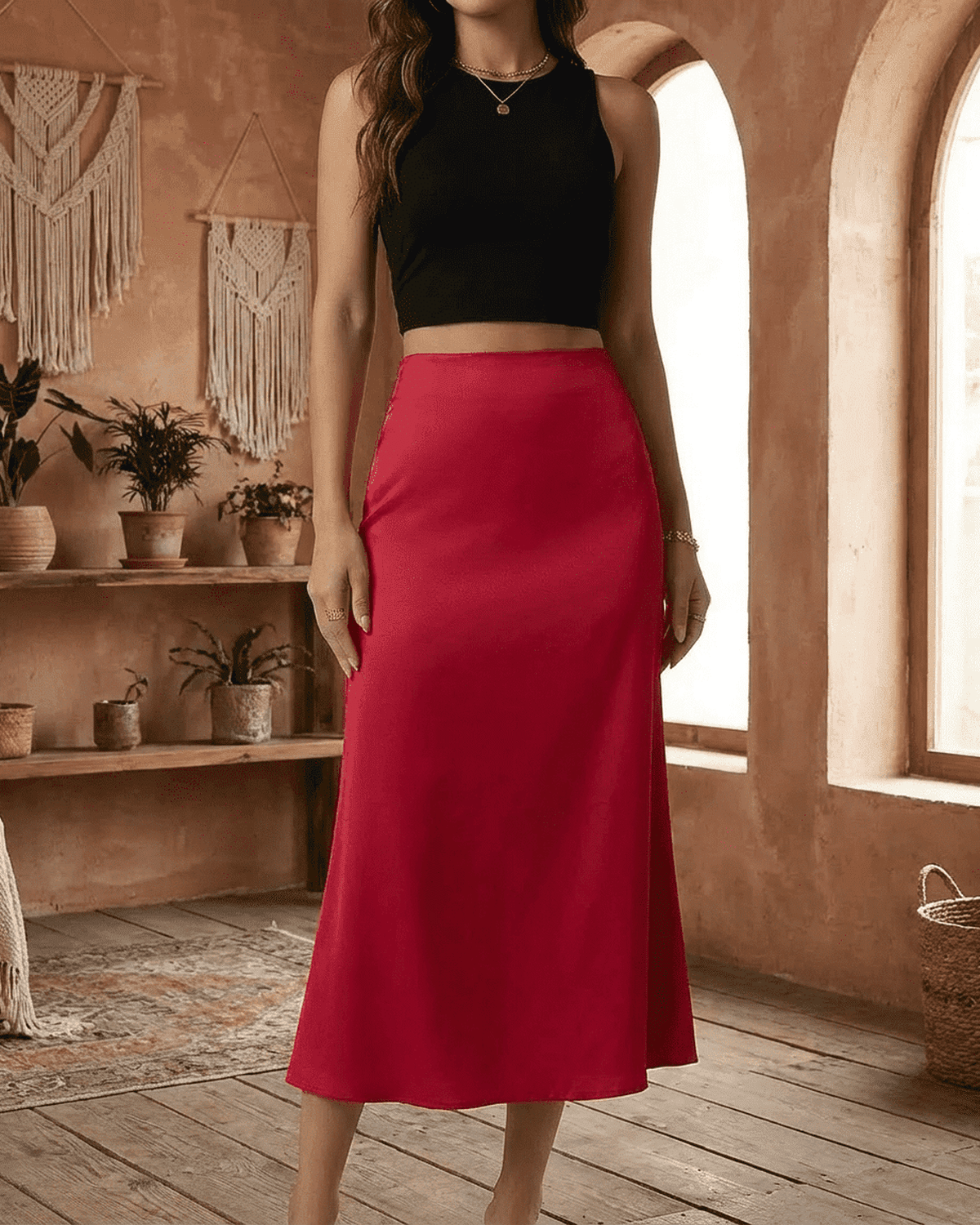 Rosalia Midi Skirt by RAMBLION – Elegant red satin mermaid midi skirt showcasing a modern feminine silhouette.