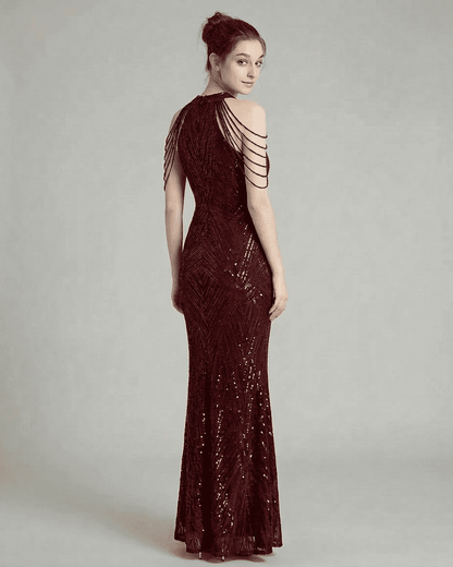 Elegant Ruby Maxi Dress by RAMBLION, showcasing a stunning sequin halter design with a mermaid silhouette.