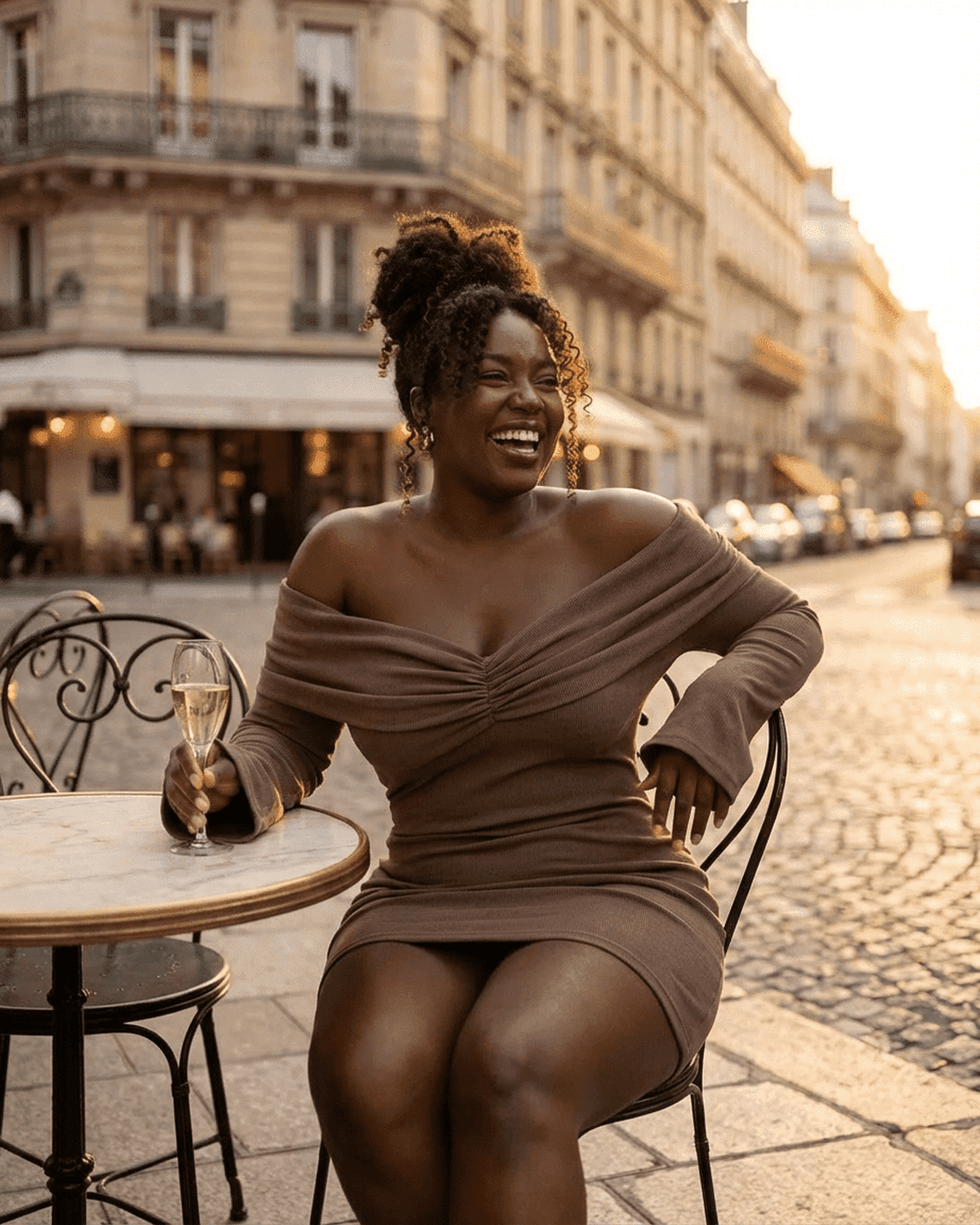 Selene Mini Brown - Off Shoulder V Neck Knit Waist Slim A Line Mini Dress by RAMBLION worn by a woman enjoying a drink.
