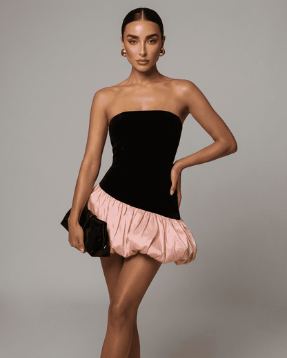 Selina Mini Dress by RAMBLION featuring strapless black velvet and pink puffed skirt, perfect for a stylish night out.