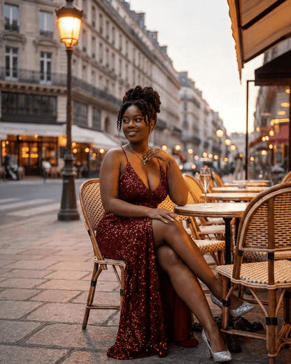 Seren Maxi Dress by RAMBLION, a luxurious burgundy sequin evening dress worn while sitting at a stylish outdoor café.