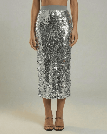 Silvara Midi Skirt by RAMBLION, a sequin high waist bodycon midi skirt in a sophisticated grey tone.
