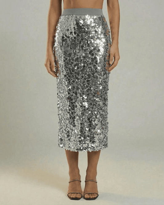 Silvara Midi Skirt by RAMBLION, a sequin high waist bodycon midi skirt in a sophisticated grey tone.