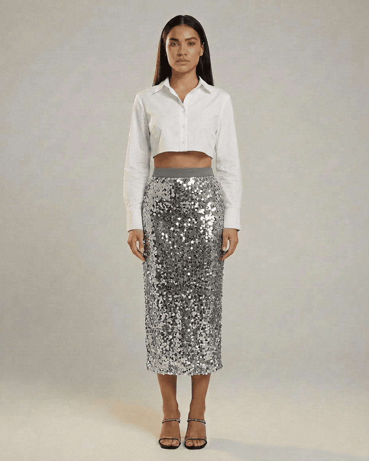 Silvara Midi Skirt by RAMBLION - Sequin high waist bodycon midi skirt in sophisticated grey.