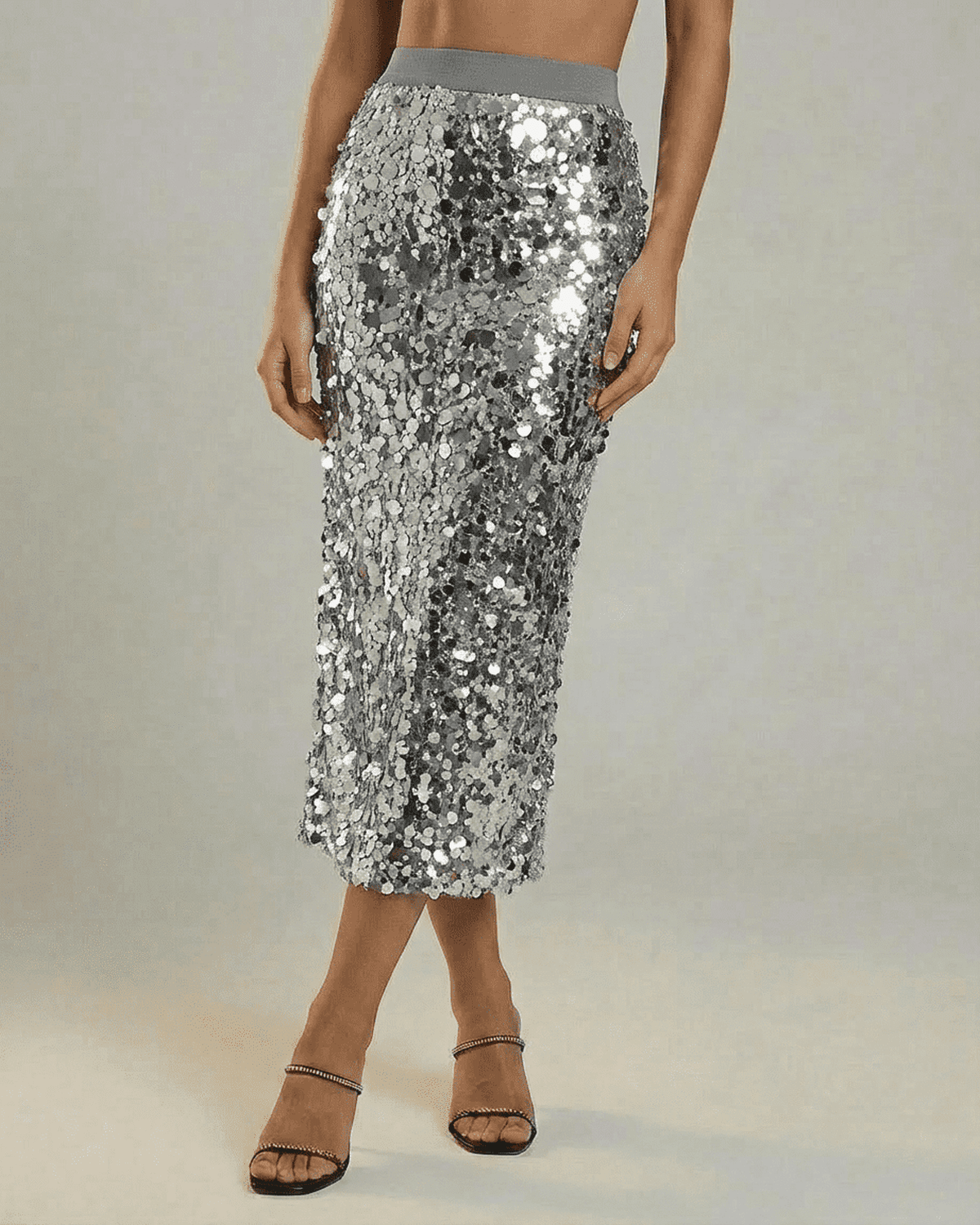 Silvara Midi Skirt by RAMBLION - a sophisticated sequined bodycon skirt in grey for elegant evening wear.