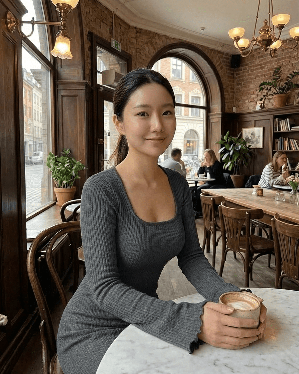 Woman in a Slate Maxi Dress by RAMBLION, seated at a café table holding a cup.