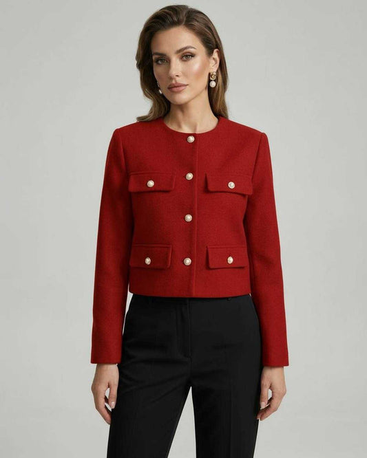 Soleil Jacket by Lauven - Vibrant red wool blend jacket with gold buttons, tailored fit for women's fashion.
