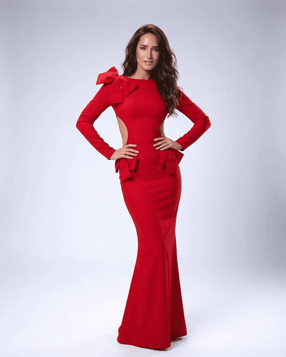 Valencia Maxi Dress by RAMBLION - Long Sleeve Bodycon Dress with Sculptural Bows in Red