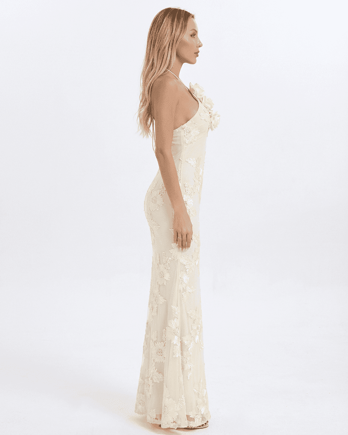 Valeria Maxi Dress by RAMBLION, elegant halter neck design with 3D floral foil print detail.