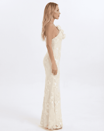 Valeria Maxi Dress by RAMBLION, elegant halter neck design with 3D floral foil print detail.