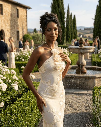 Valeria Maxi Dress by RAMBLION displayed in a garden setting, featuring elegant halter neck and 3D floral foil print detail.