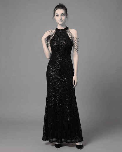 Vega Maxi Dress by RAMBLION, a stylish mermaid gown with sequin embellishments and halter neckline.