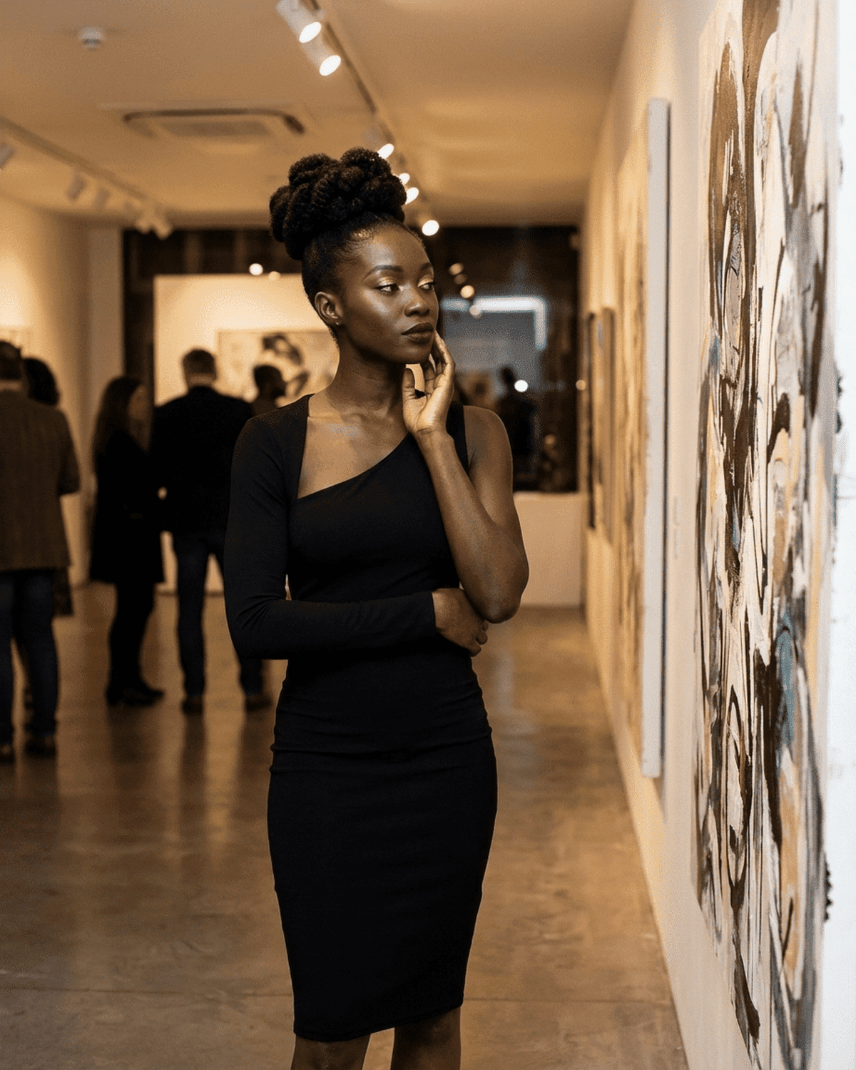 Model showcasing the Vega Midi Dress by RAMBLION at an art gallery event.