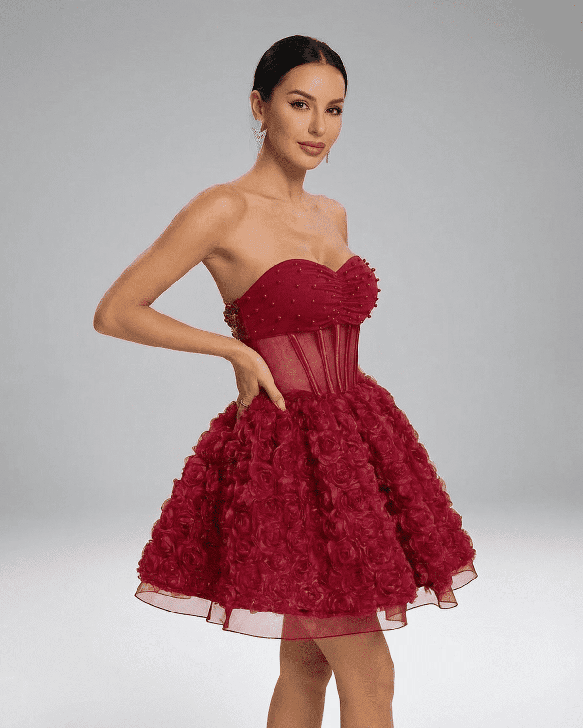 Verona Mini Dress by RAMBLION, a strapless puff mini with 3D floral texture and beading for a romantic look.