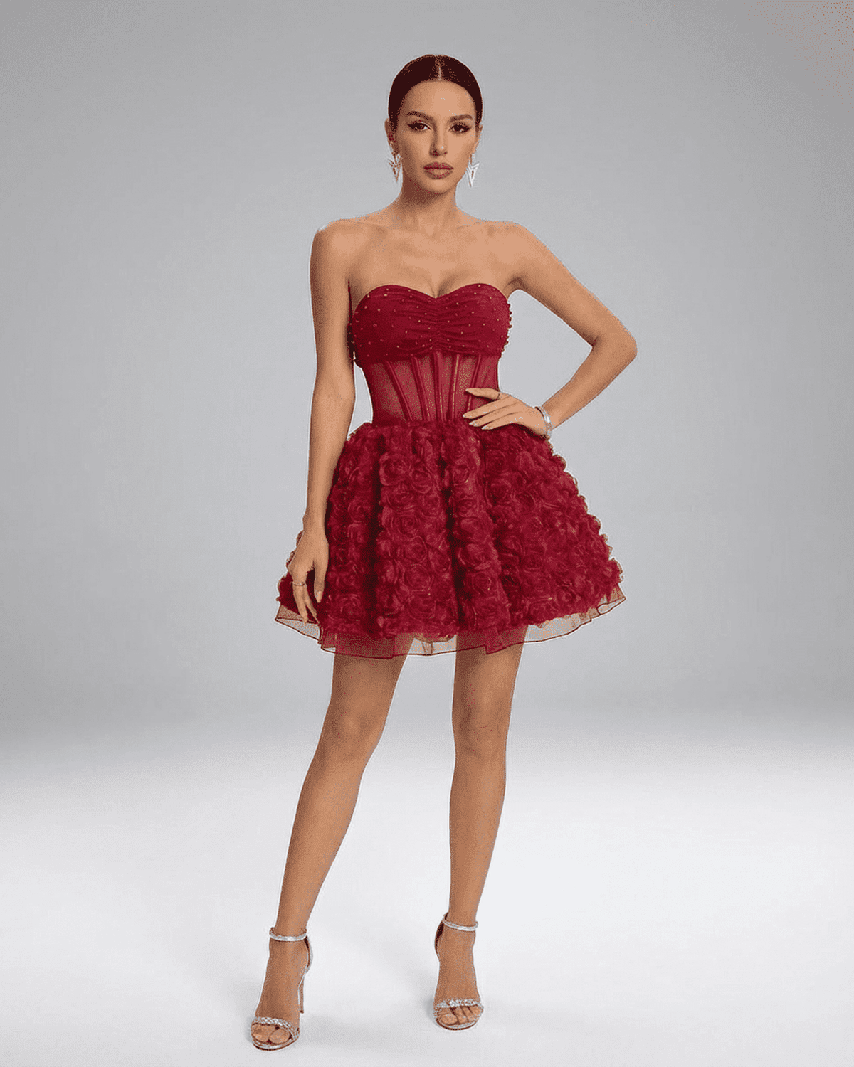 Verona Mini Dress by RAMBLION - Beaded strapless puff mini featuring 3D floral texture and dramatic volume.