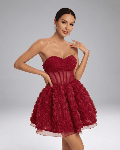 RAMBLION Verona Mini Dress - Beaded strapless puff mini with 3D floral texture in rich red color.